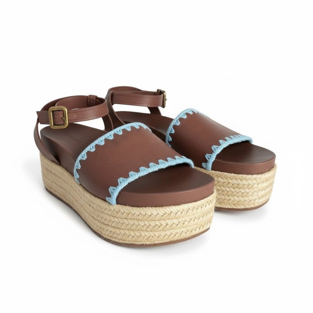 Farm Rio Raffia Platform Sandals Brown Leather Embroidered Blue US 7 EU 37 NEW